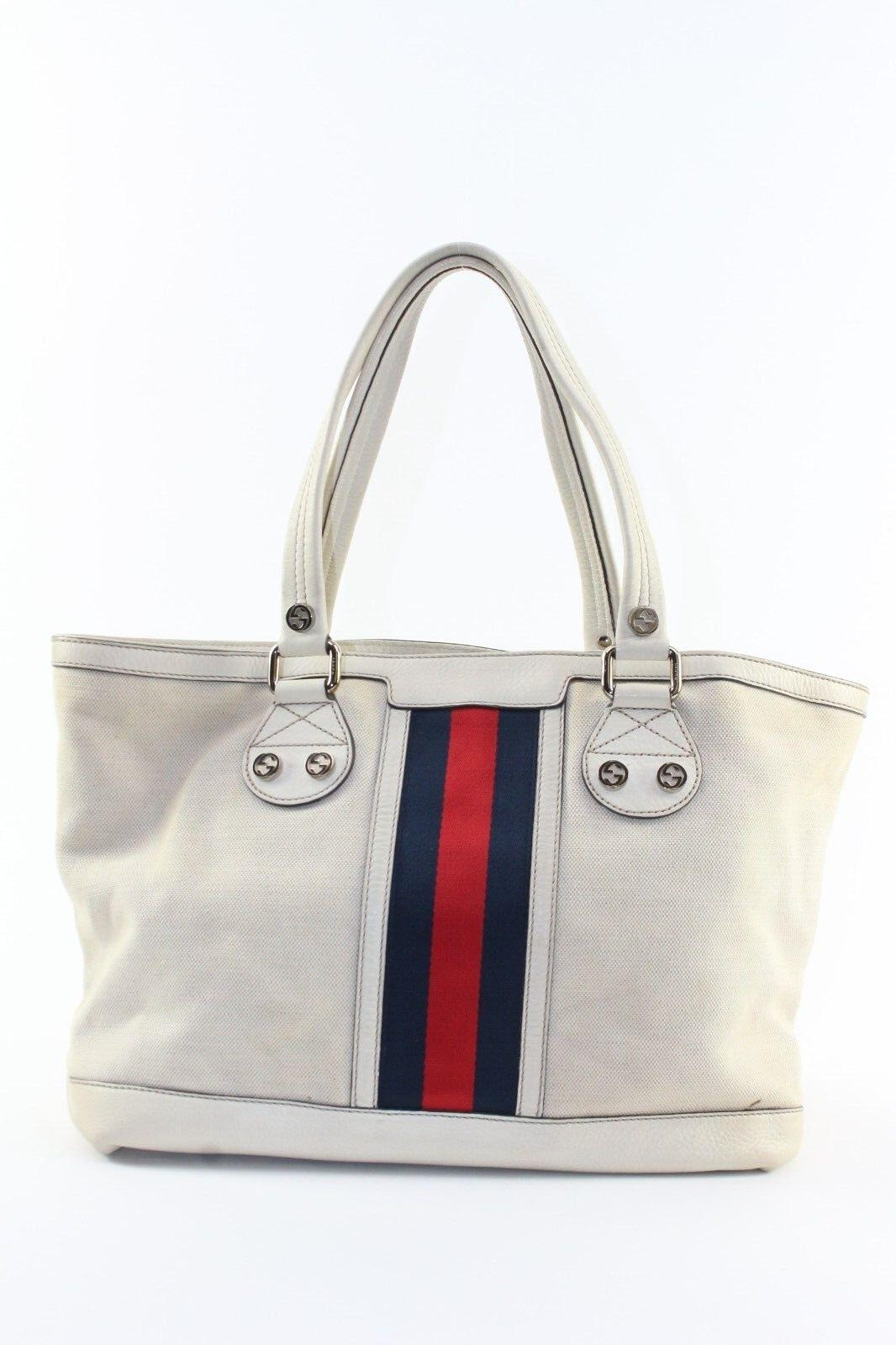 Gucci Navy Web Ivory Tote 2GK0104K In Good Condition For Sale In Dix hills, NY