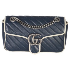 Gucci Navy White Calfskin Matelasse Diagonal Torchon Medium GG Marmont Bag