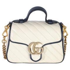 Gucci Navy White Calfskin Matelasse Diagonal Torchon Mini GG Marmont Top Handle