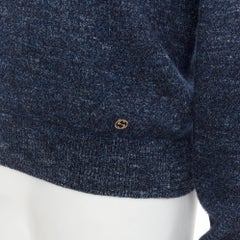 GUCCI navy wool silk cashmere melange V neck GG logo charm sweater L
