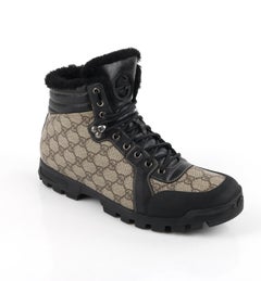 GUCCI "Nebraska Guccissima" Beige Shearling Monogram Mini-Lug Hiking Boots