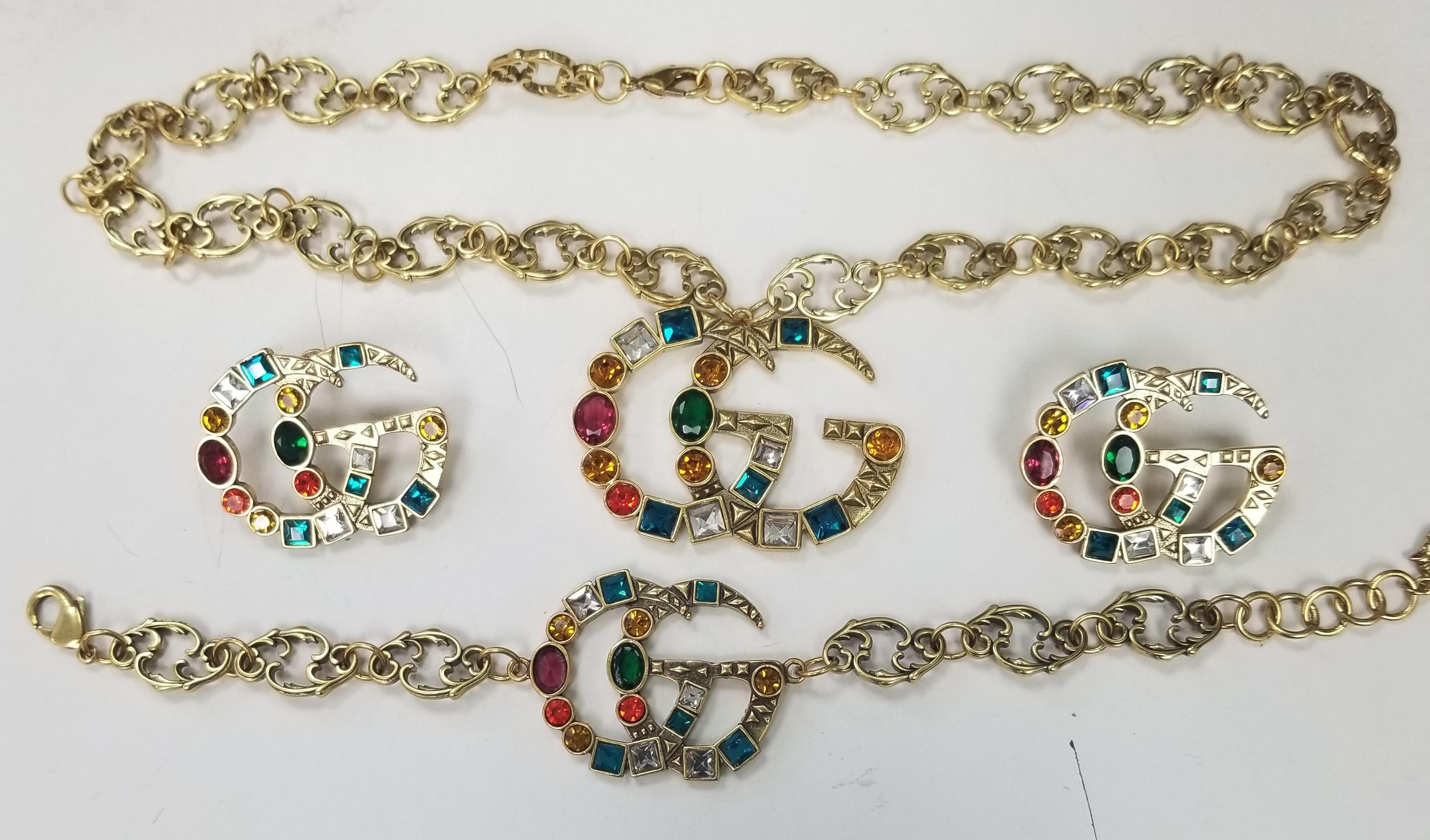 Women's or Men's Gucci Necklace, Bracelet & Earrings Set Marmont GG Crystal and Gold Plated