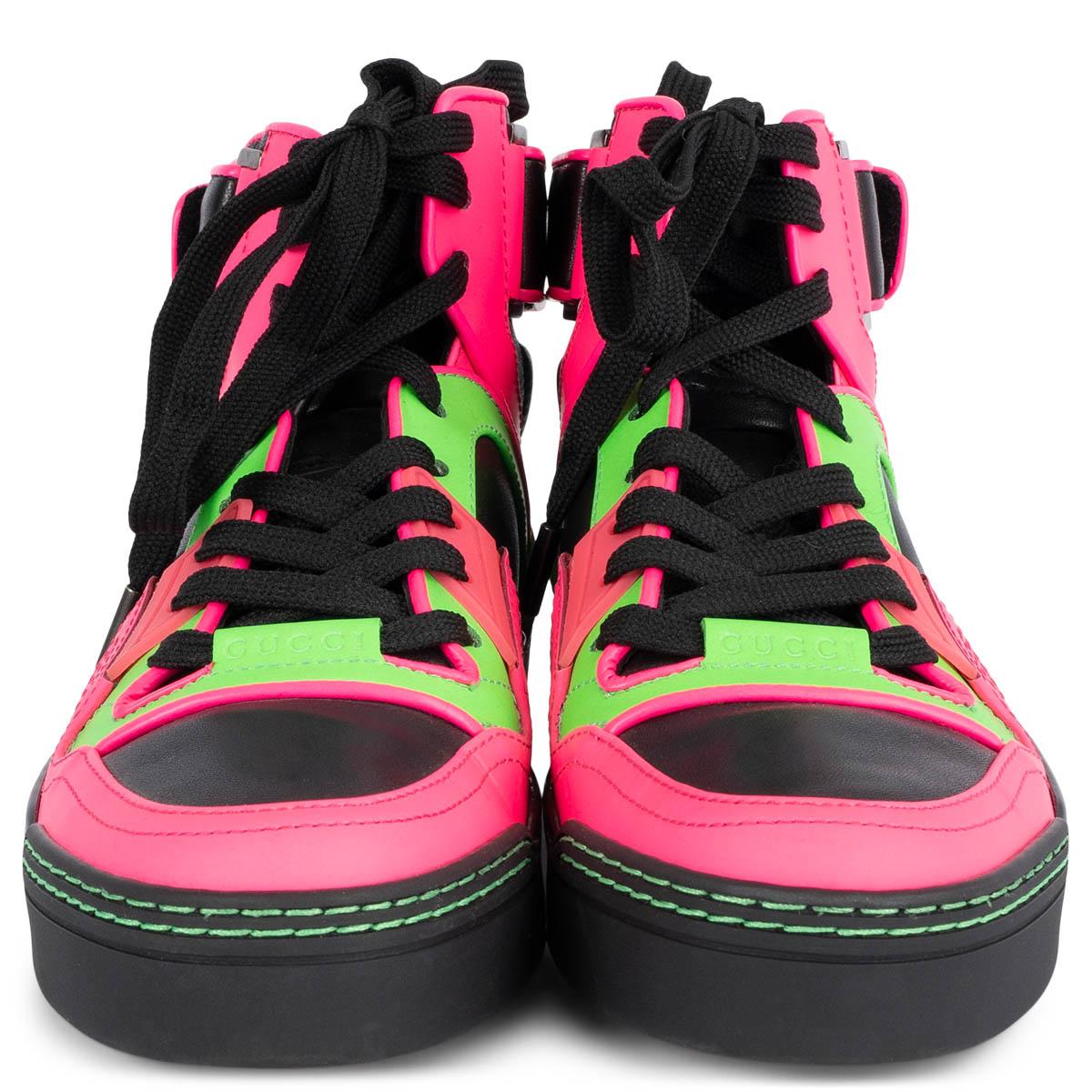 100% authentic Gucci 'New Basketball' high-top sneakers in black leather with neon pink adn green trims. Feature a lace-up front and logo velcrow tab in the back. Have been worn and are in excellent condition.

Measurements
Imprinted Size	35.5
Shoe