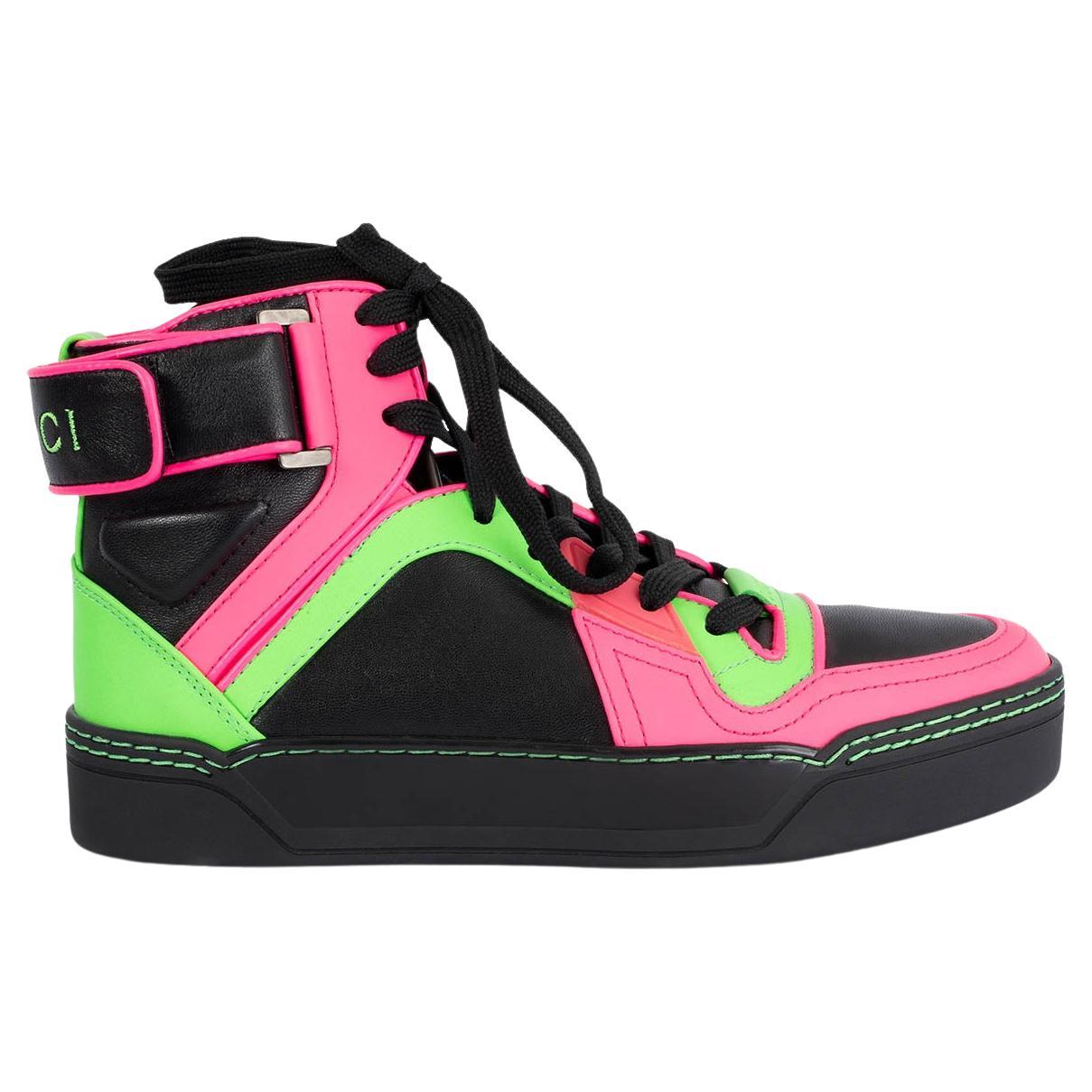 GUCCI neon & black NEW BASKETBALL High Top Sneakers Shoes 35.5 en vente
