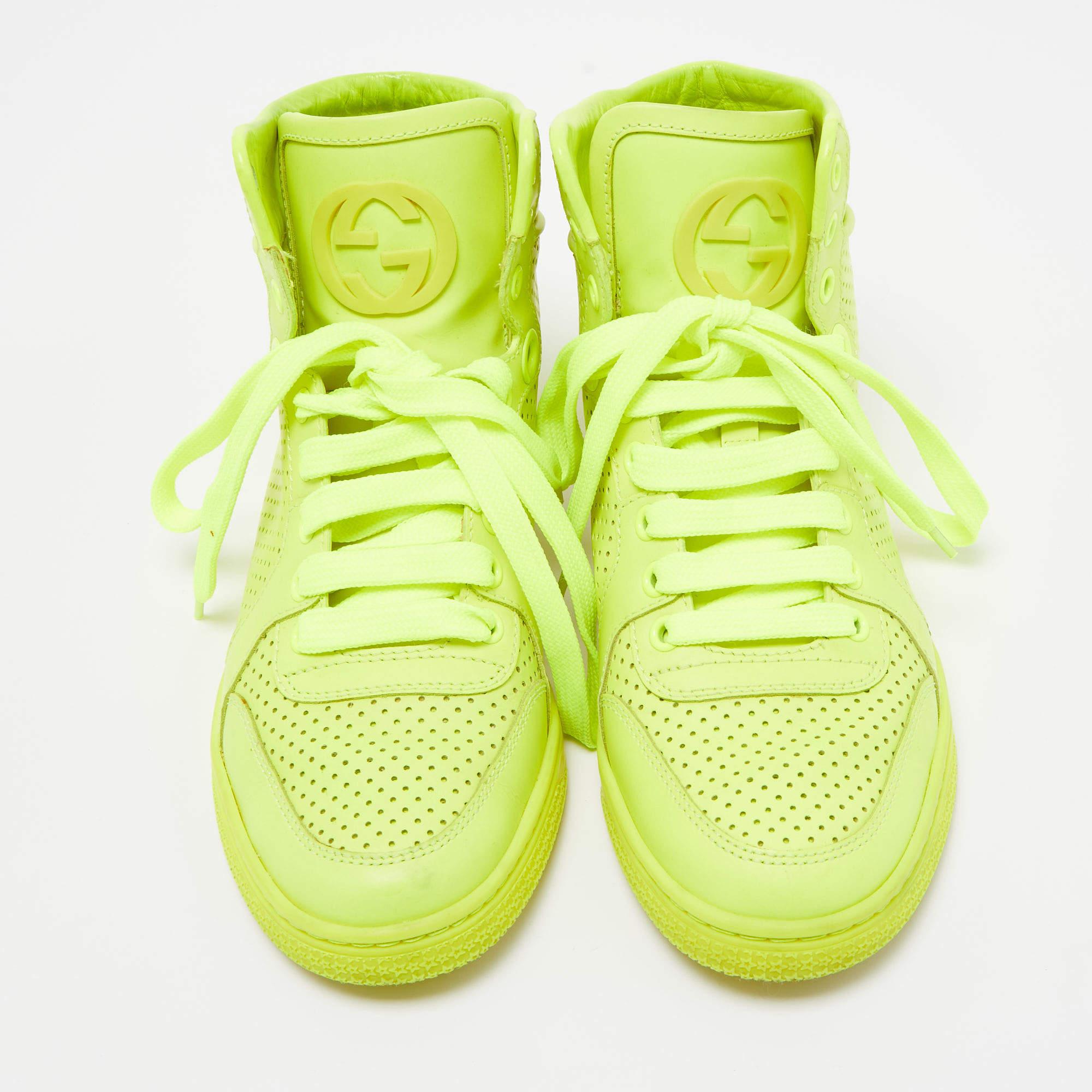 Yellow Gucci Neon Green Leather High Top Sneakers Size 35.5 For Sale