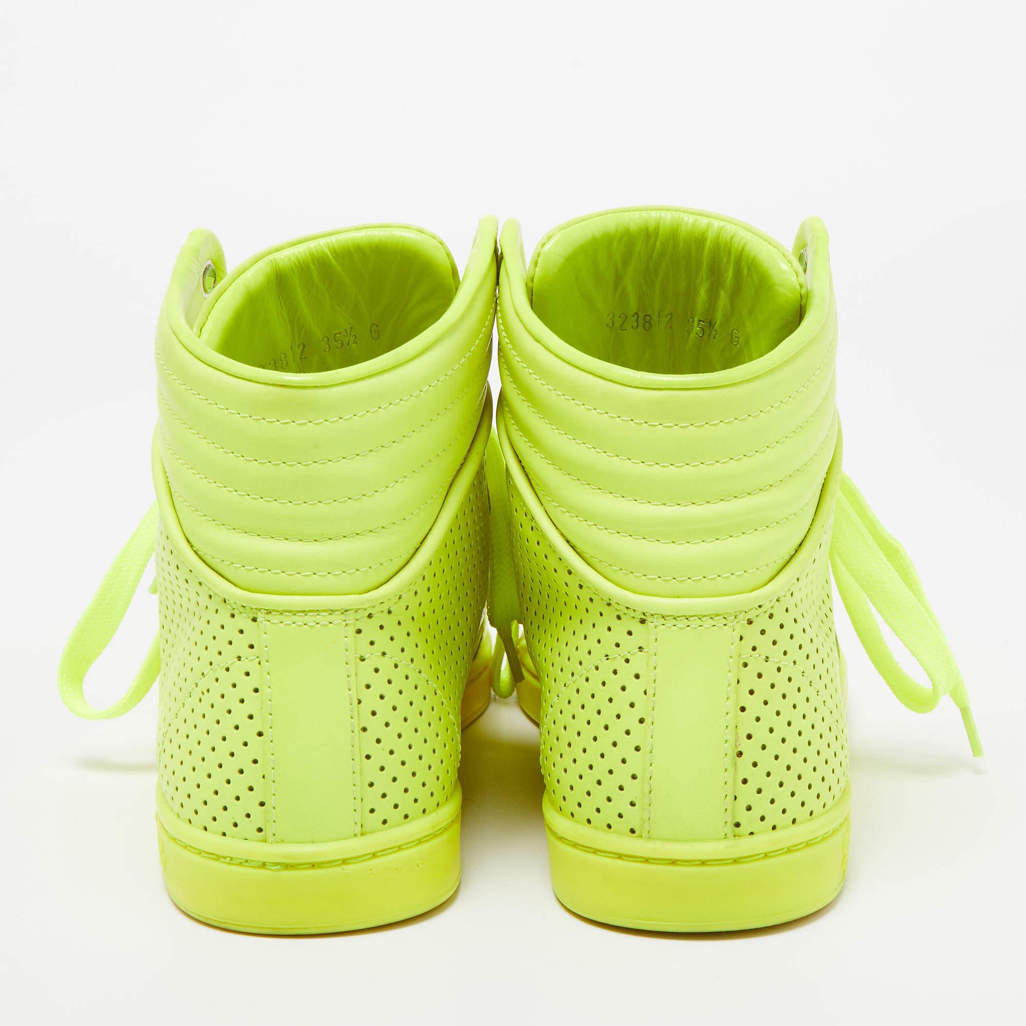 Women's Gucci Neon Green Leather High Top Sneakers Size 35.5 For Sale