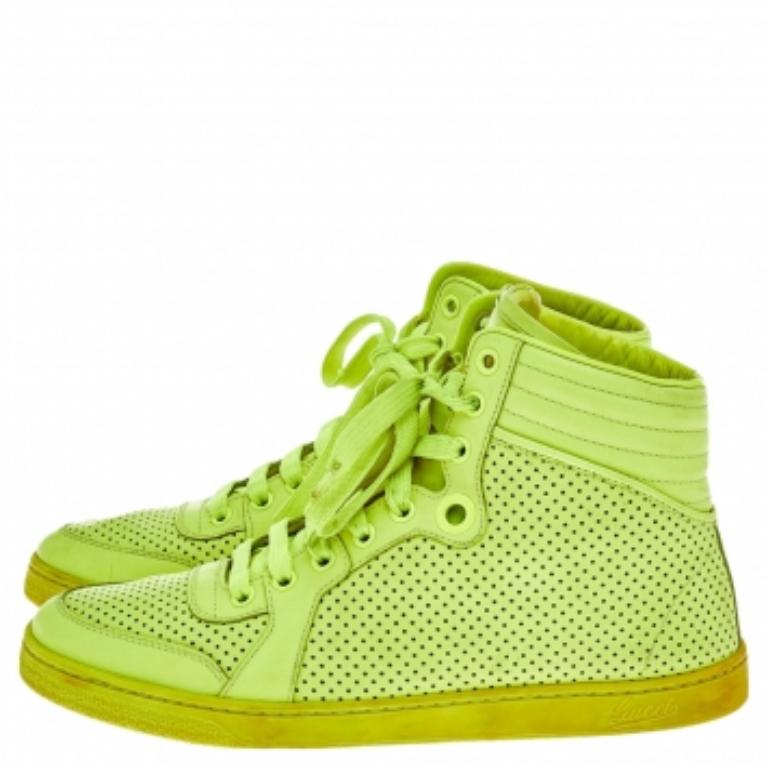 Gucci Neon Green Perforated Leather Lace Up High Top Sneakers Size 38.5 In Good Condition In Dubai, Al Qouz 2