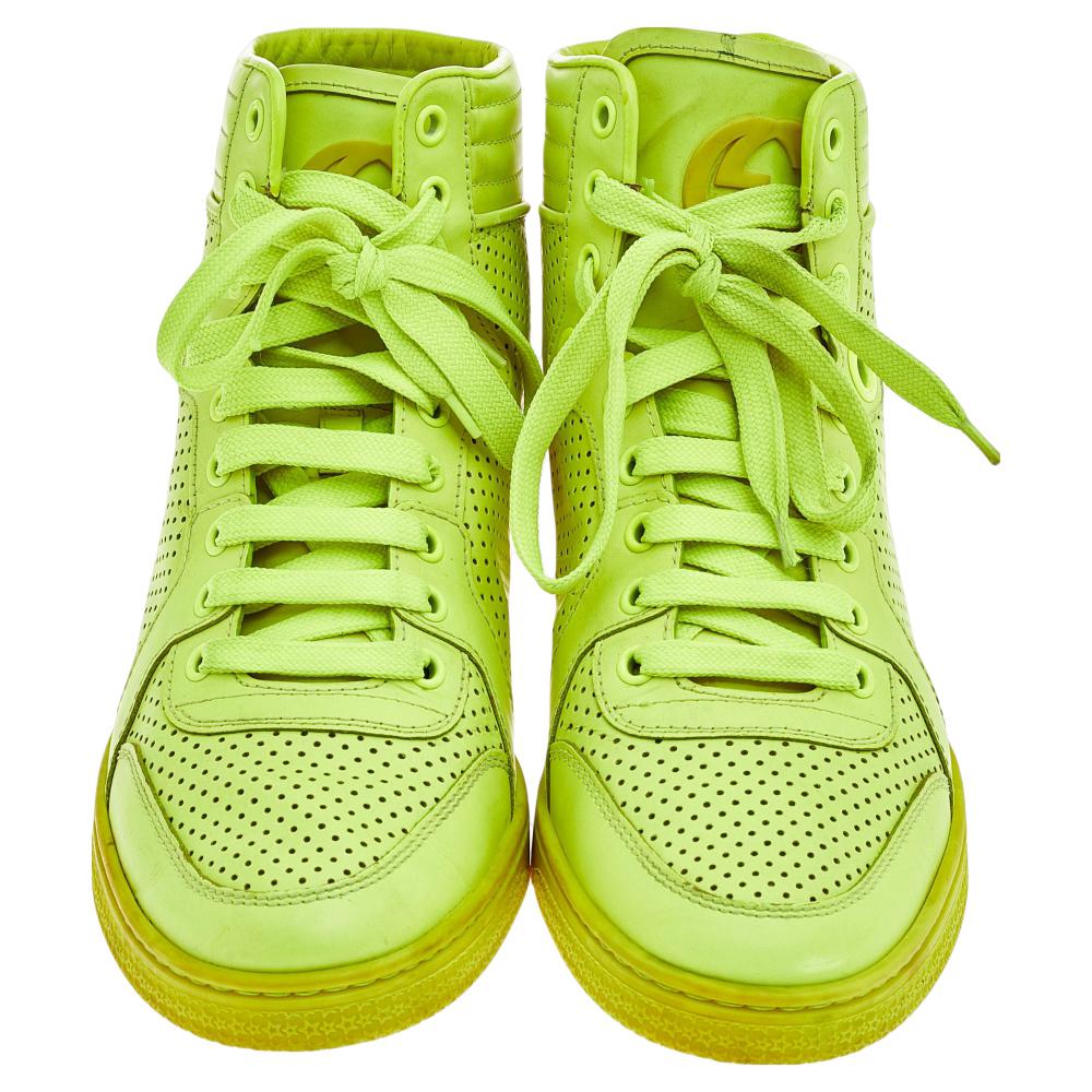 Yellow Gucci Neon Green Perforated Leather Lace Up High Top Sneakers Size 38.5 For Sale