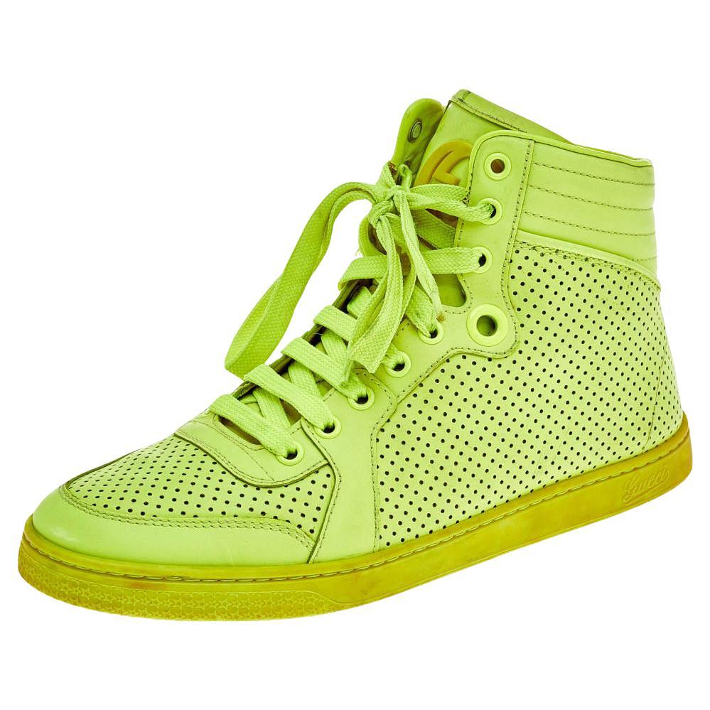 Gucci Neon Green Perforated Leather Lace Up High Top Sneakers Size 38.5 For Sale