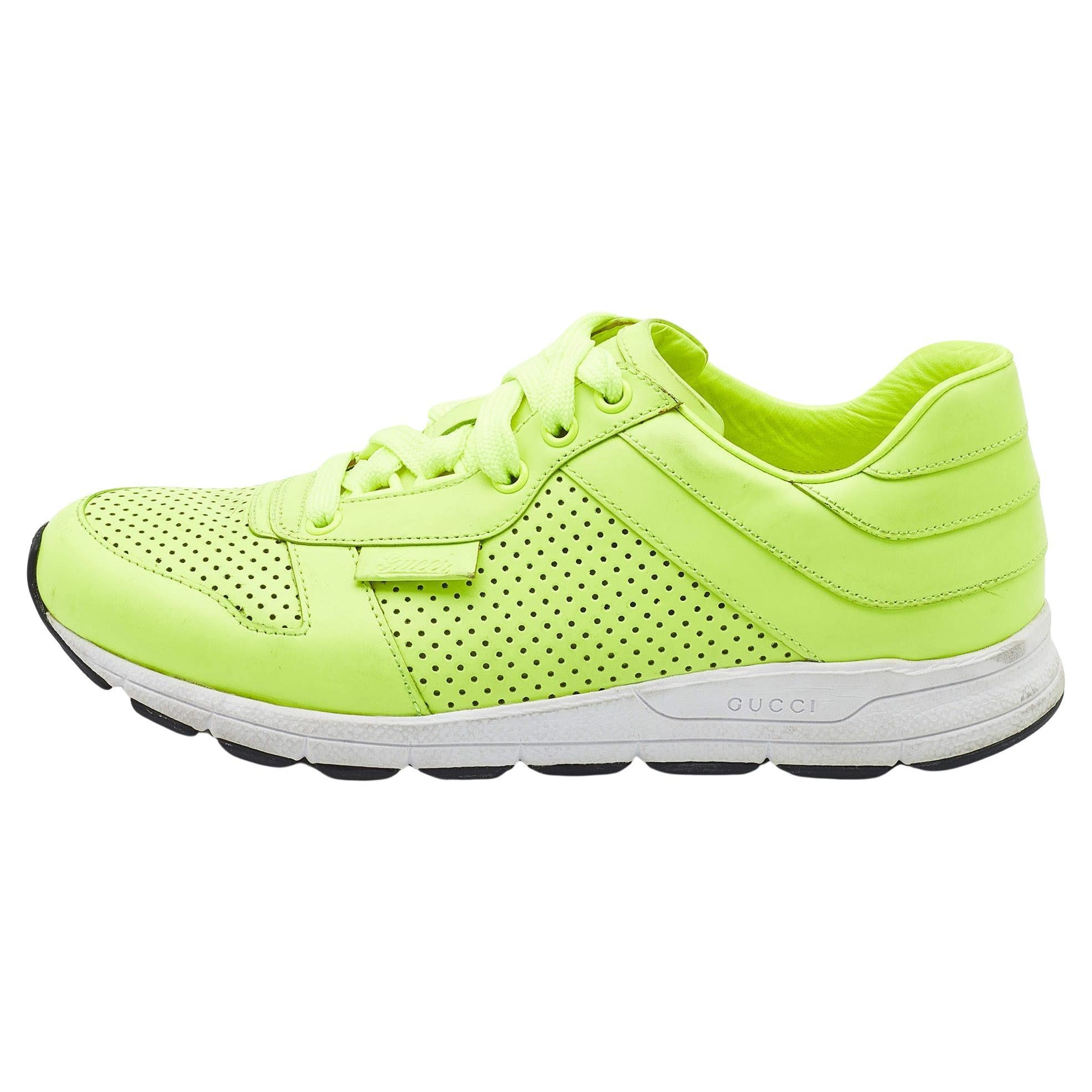 Gucci Neon Green Perforated Leather Lace Up Sneakers Size 38 For Sale