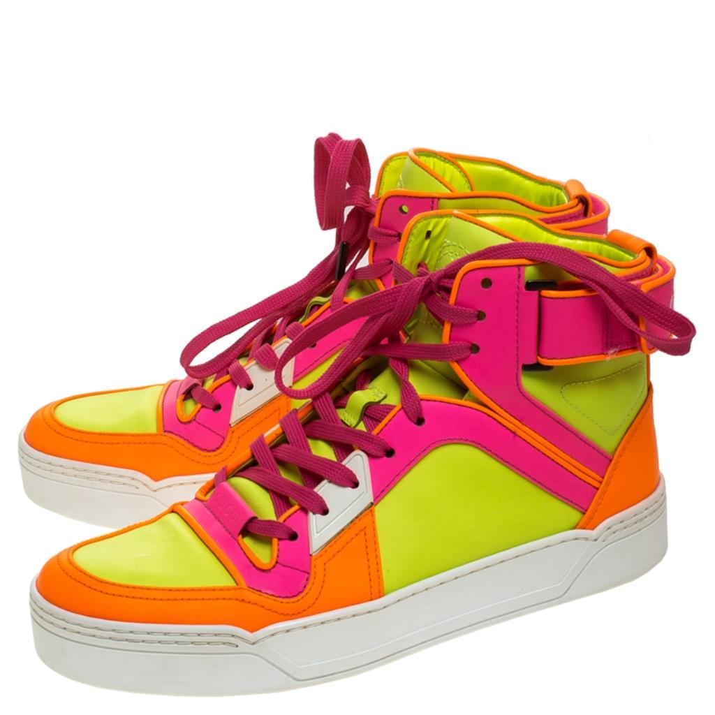 Orange Gucci Neon Multicolor Leather Basketball High Top Sneakers Size 40