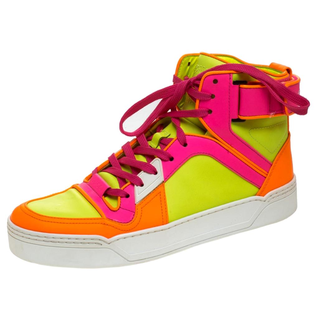 Gucci Neon Multicolor Leather Basketball High Top Sneakers Size 40