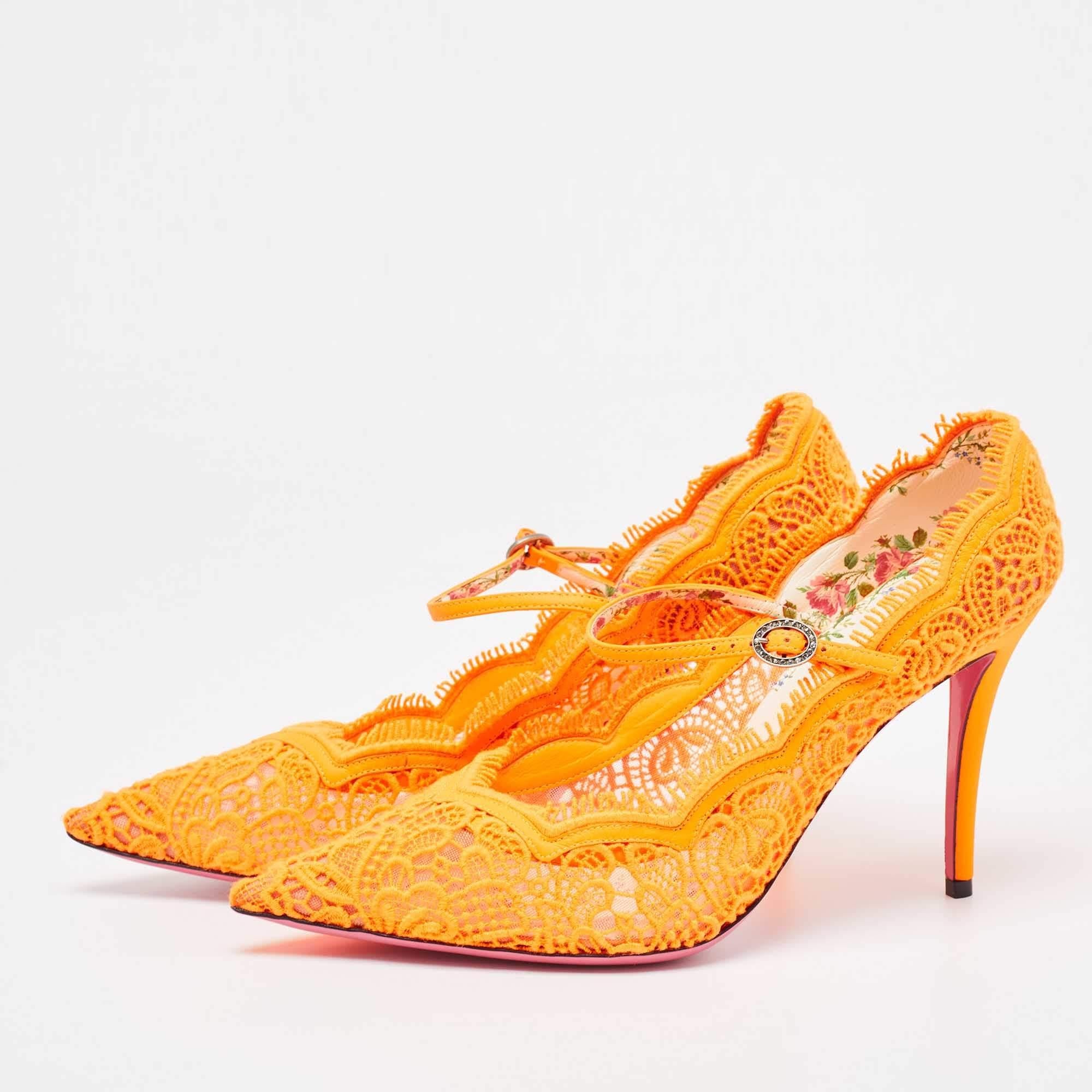 Women's Gucci Neon Orange Mesh and Lace Virginia Mary Jane Pumps Size 41