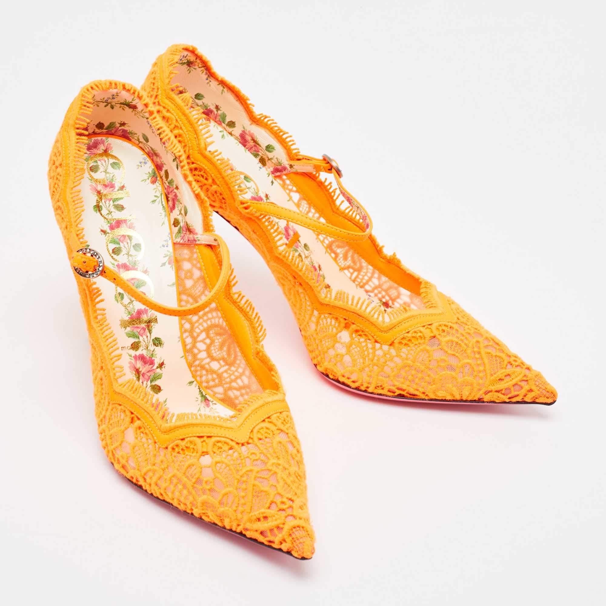 Gucci Neon Orange Mesh and Lace Virginia Mary Jane Pumps Size 41 1