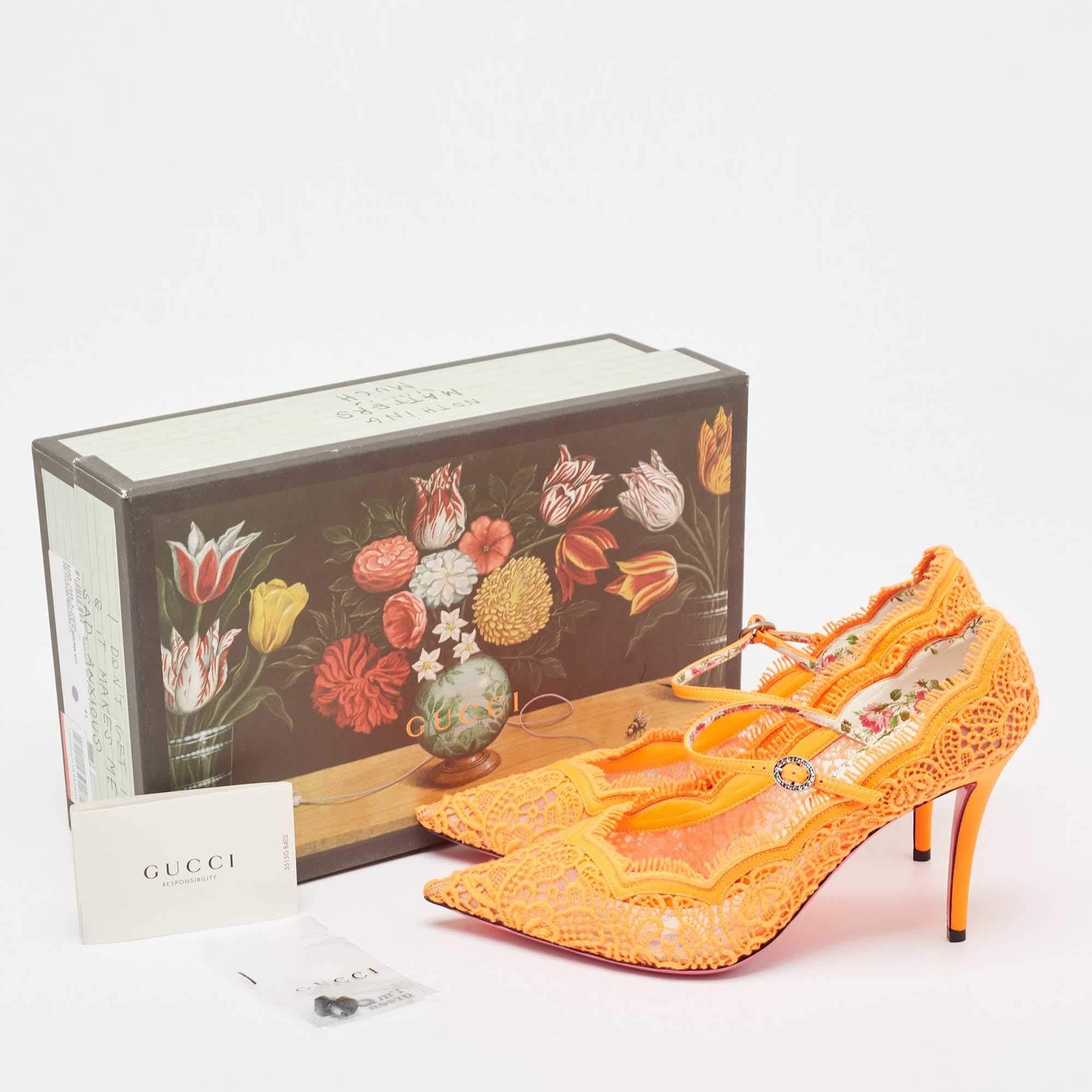 Gucci Neon Orange Mesh and Lace Virginia Mary Jane Pumps Size 41 4