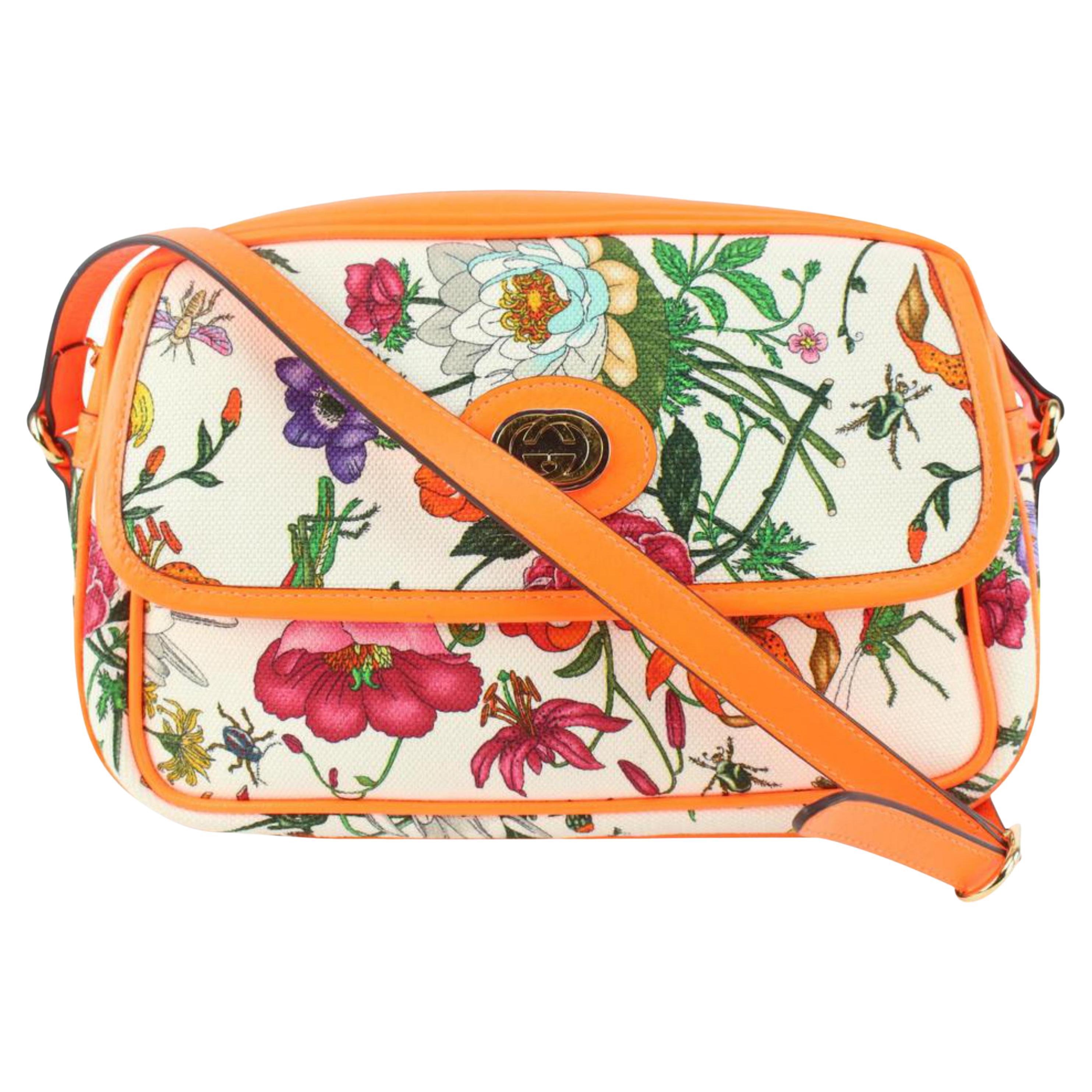 Gucci Neon Orange White Flora Floral Crossbody Bag 1118g26