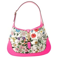 Gucci Neon Pink Floral Print Canvas and Leather Jackie Hobo
