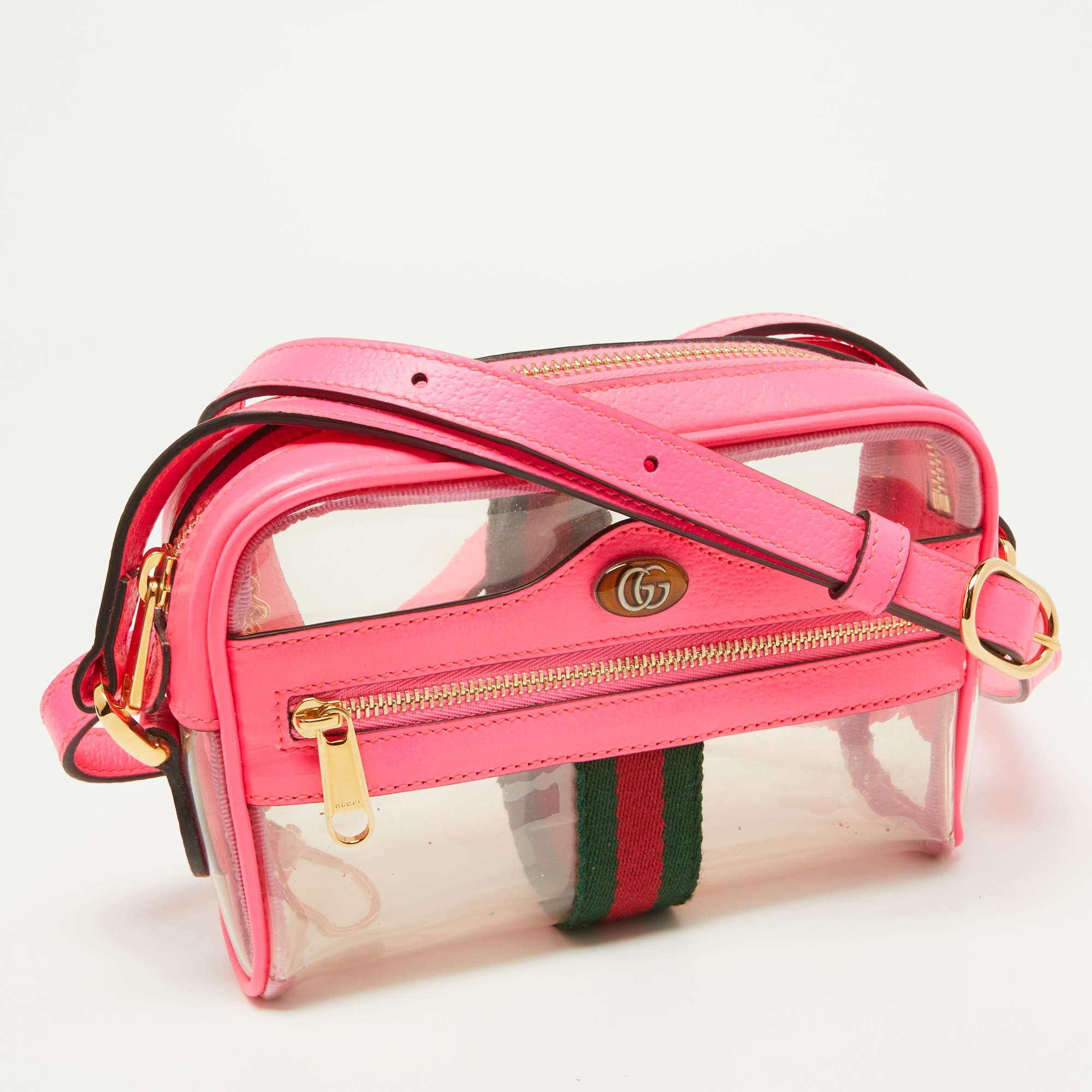 Gucci Neon Pink Leather and PVC Mini Ophidia Crossbody Bag In Good Condition In Dubai, Al Qouz 2