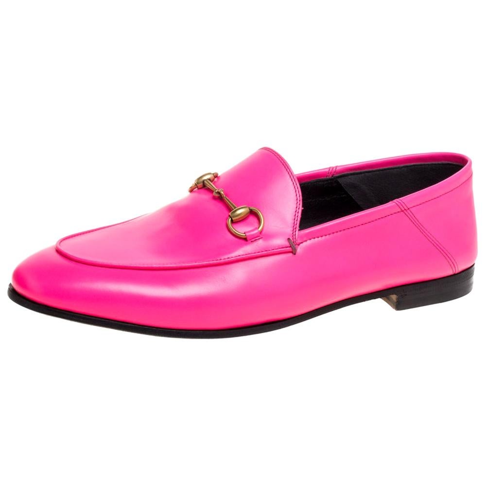 Gucci Neon Pink Leather Horsebit Loafers Size 40
