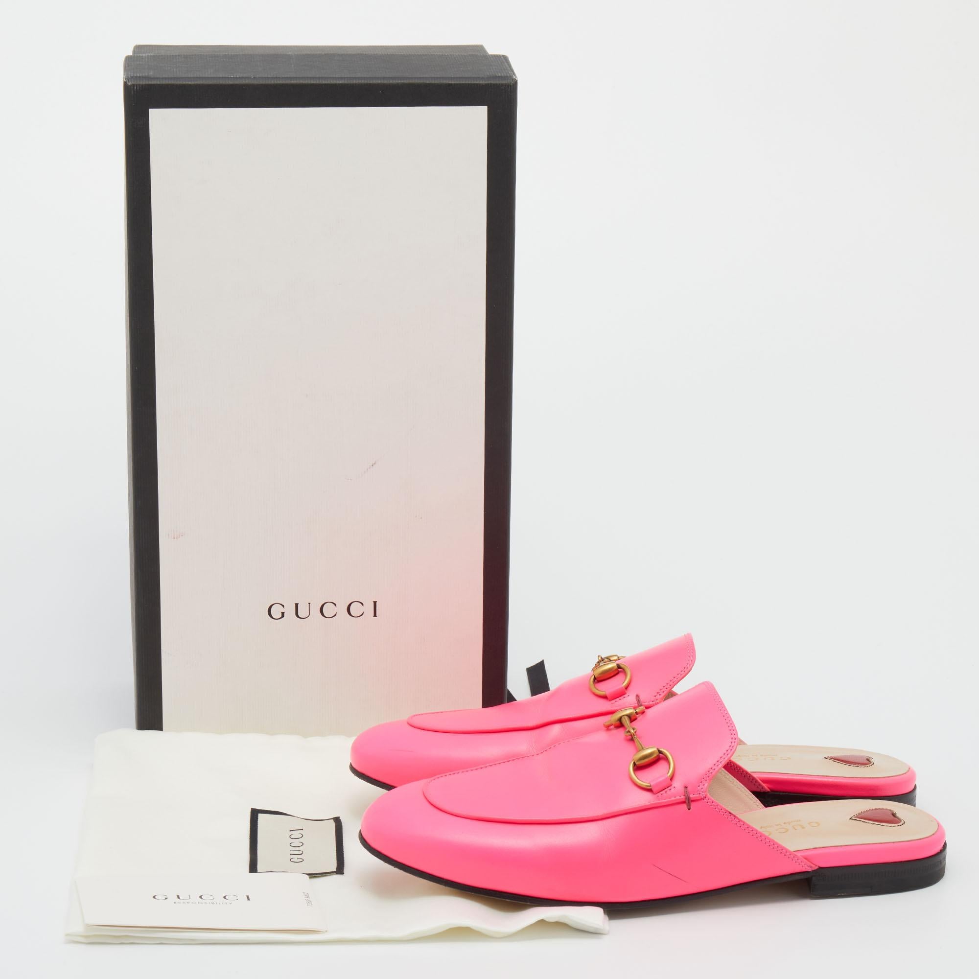 Gucci Neon Pink Leather Princetown Horsebit Flat Mules Size 36.5 In Good Condition In Dubai, Al Qouz 2