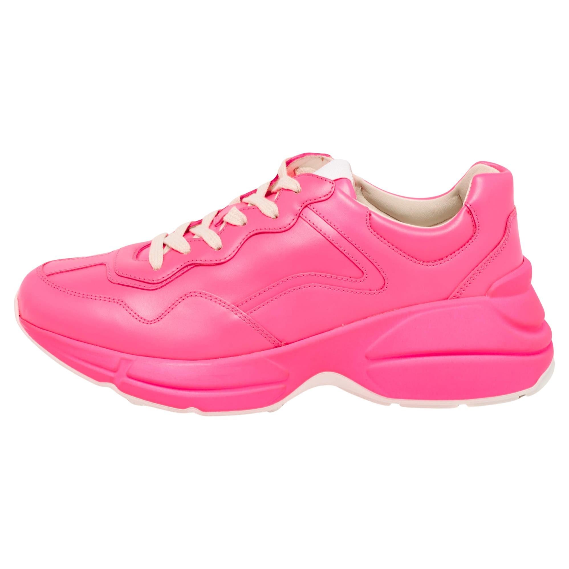 Gucci Neon Pink Leather Rhyton Sneakers Size 39 For Sale