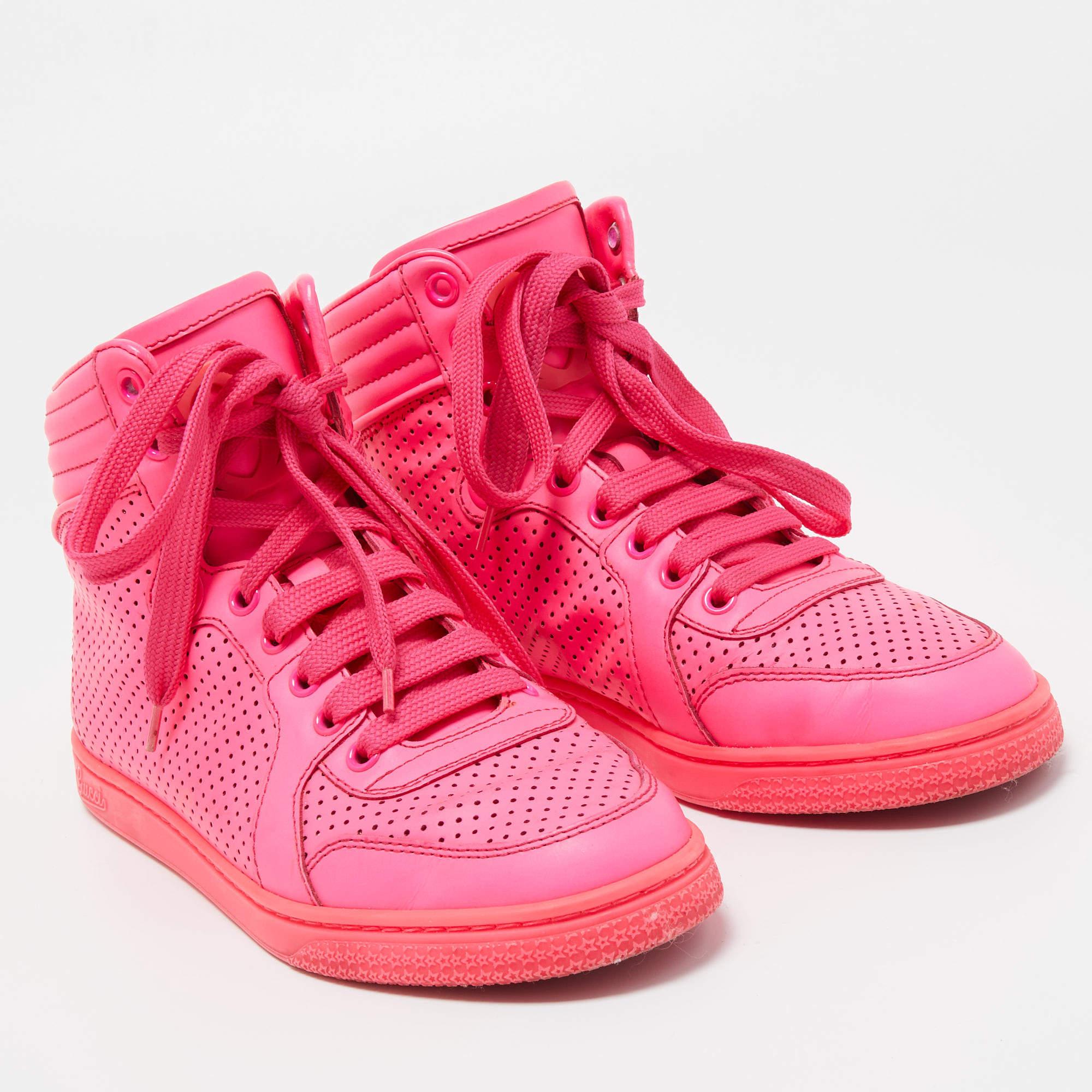 Gucci Neon Pink Perforated Leather Coda High Top Sneakers Size 35.5 In Good Condition In Dubai, Al Qouz 2