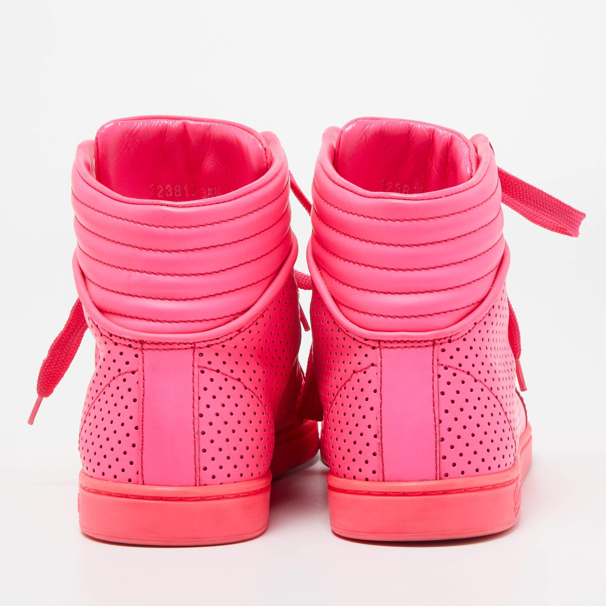 Gucci Neon Pink Perforated Leather Coda High Top Sneakers Size 35.5 For Sale 2