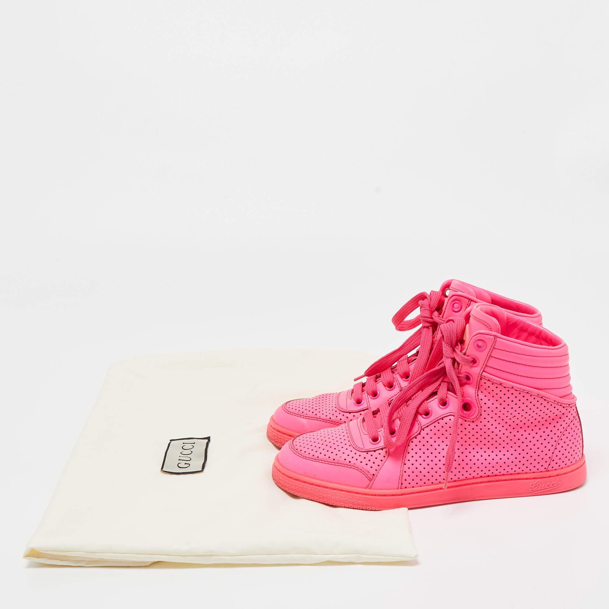 Gucci Neon Pink Perforated Leather Coda High Top Sneakers Size 35.5 5