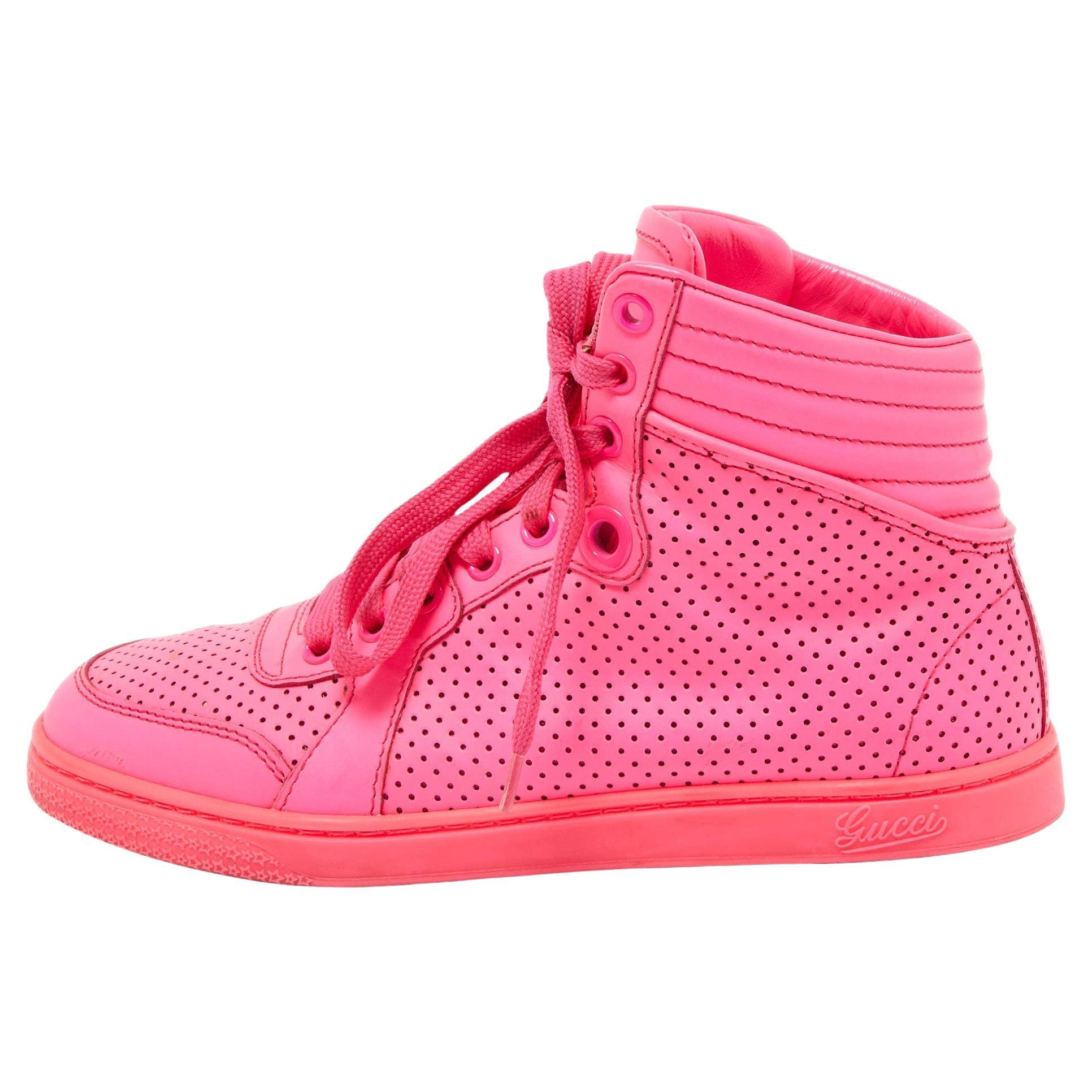Gucci Neon Pink Perforated Leather Coda High Top Sneakers Size 35.5 For Sale