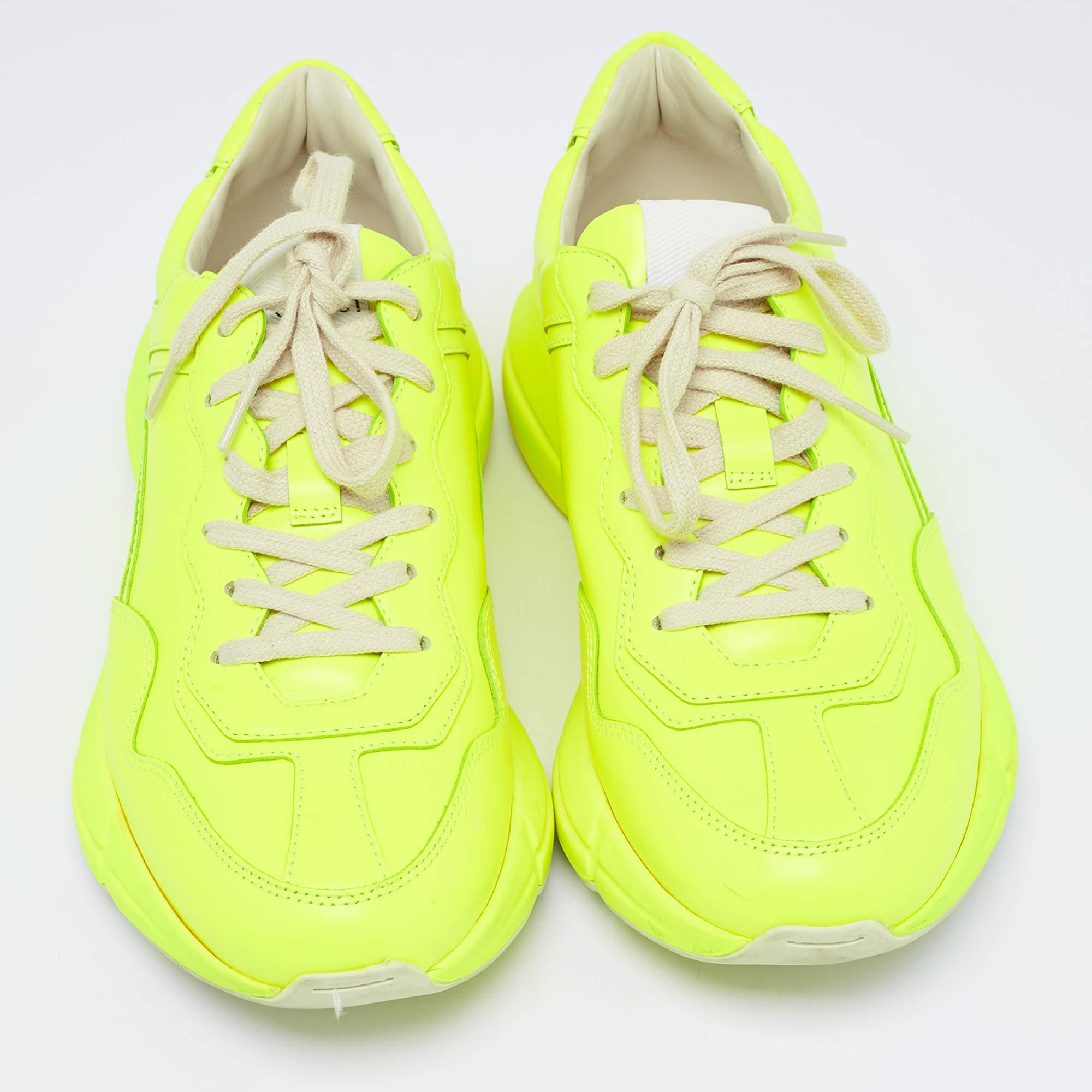 Add a statement appeal to your outfit with these Gucci neon yellow sneakers. Made from premium materials, they feature lace-up vamps, and relaxing footbeds. The rubber sole of this pair aims to provide you with everyday ease.

