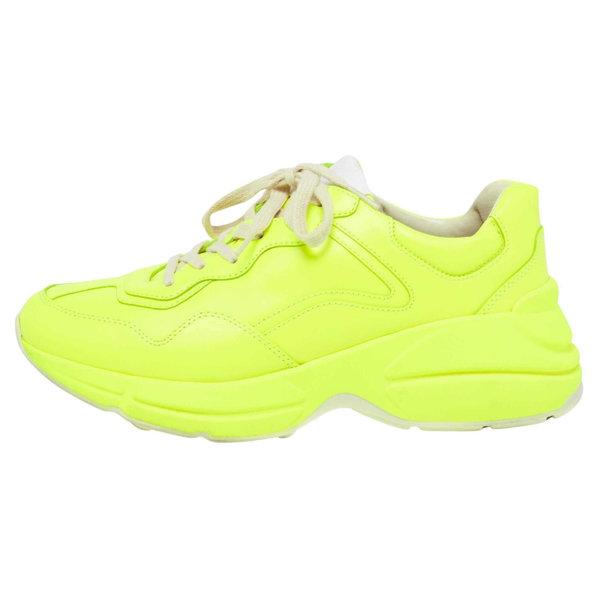 Gucci Neon Yellow Leather Rhyton Sneakers Size 39 For Sale