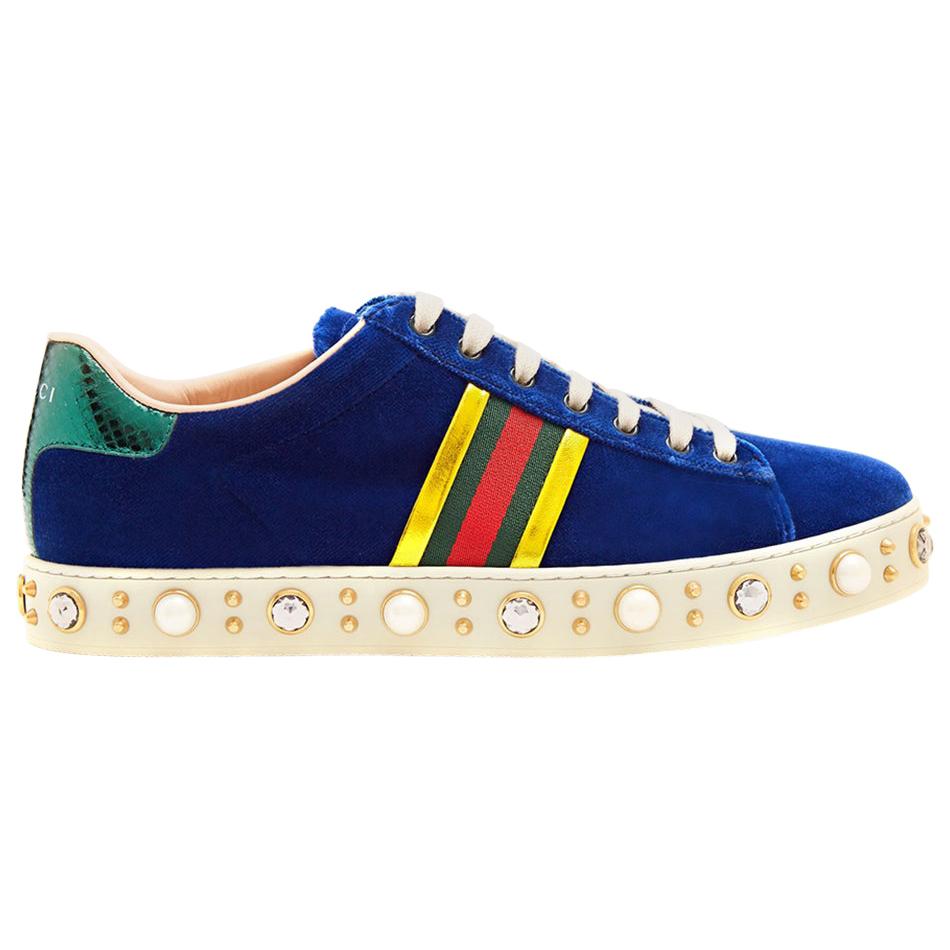 Gucci New Ace Faux-Pearl and Crystal Embellished Velvet Sneakers