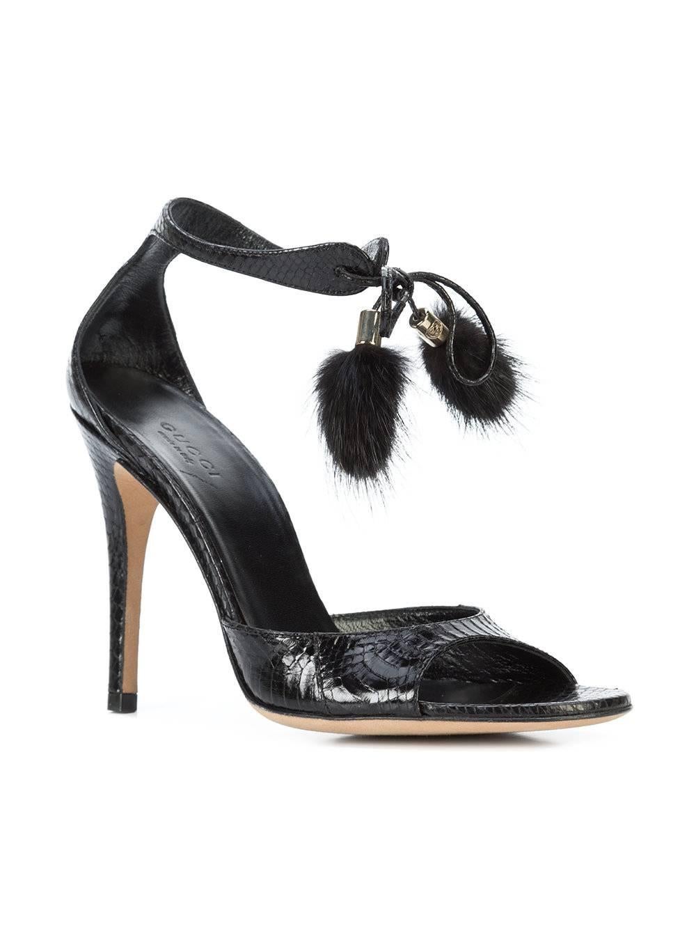 Gucci New Black Embossed Snakeskin Fur Pom Pom Evening Sandals Heels in Box

Size IT 36
Embossed snakeskin
Fur (Mink)
Ankle tie closure
Made in Italy
Heel height 4