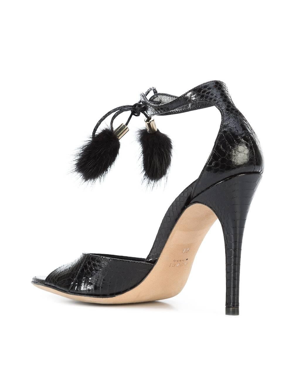 Women's Gucci New Black Embossed Snakeskin Fur Pom Pom Evening Sandals Heels in Box