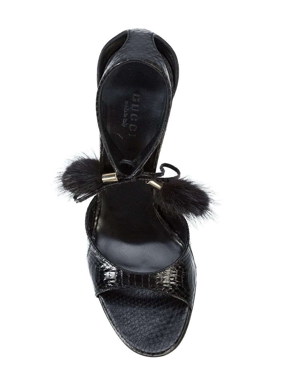Gucci New Black Embossed Snakeskin Fur Pom Pom Evening Sandals Heels in Box 1