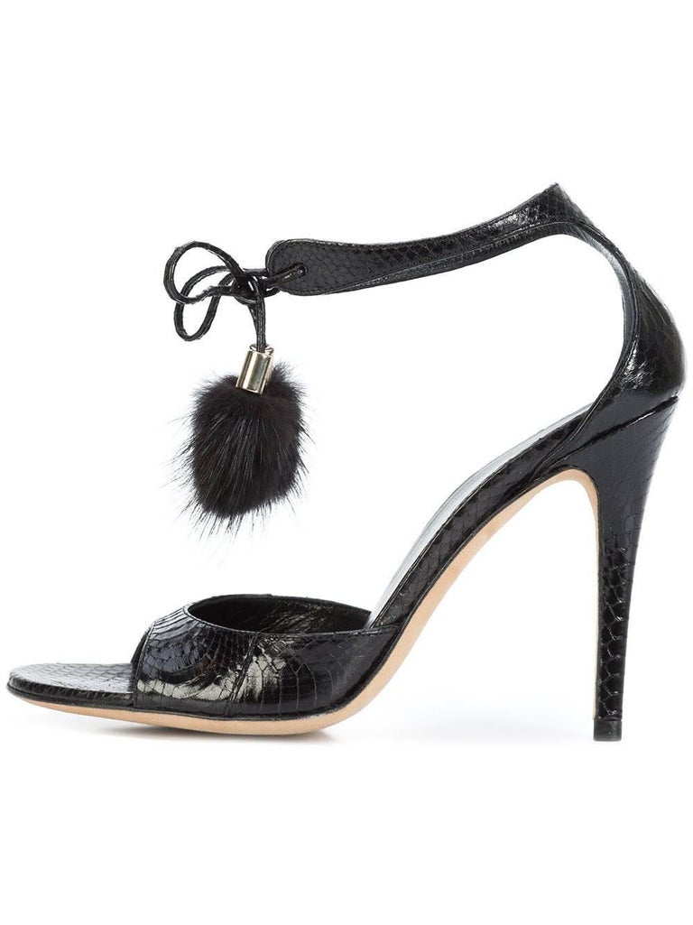Gucci New Black Embossed Snakeskin Fur Pom Pom Evening Sandals Heels in ...