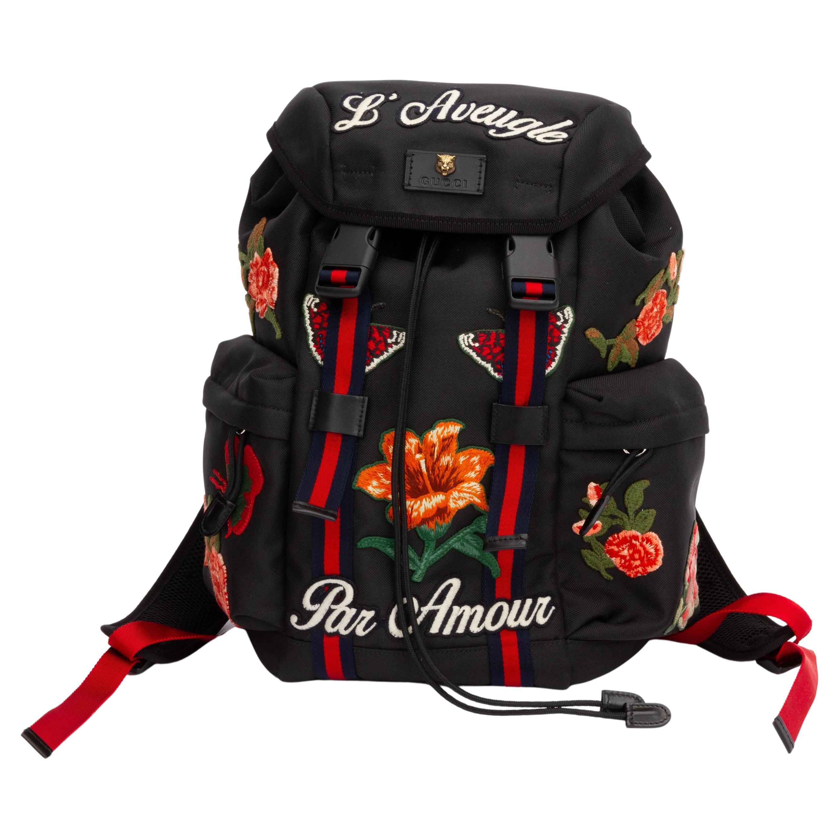 Gucci New Black Embroidered Backpack For Sale