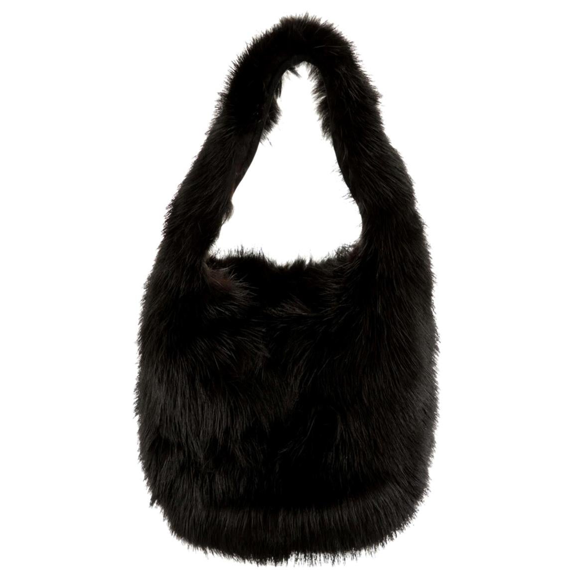 Gucci NEW Black Fur Small Top Handle Satchel Pochette Evening Bag For Sale