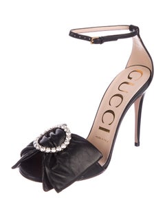 Gucci NEW Black Leather Crystal Bow Evening Sandals Heels in Box
