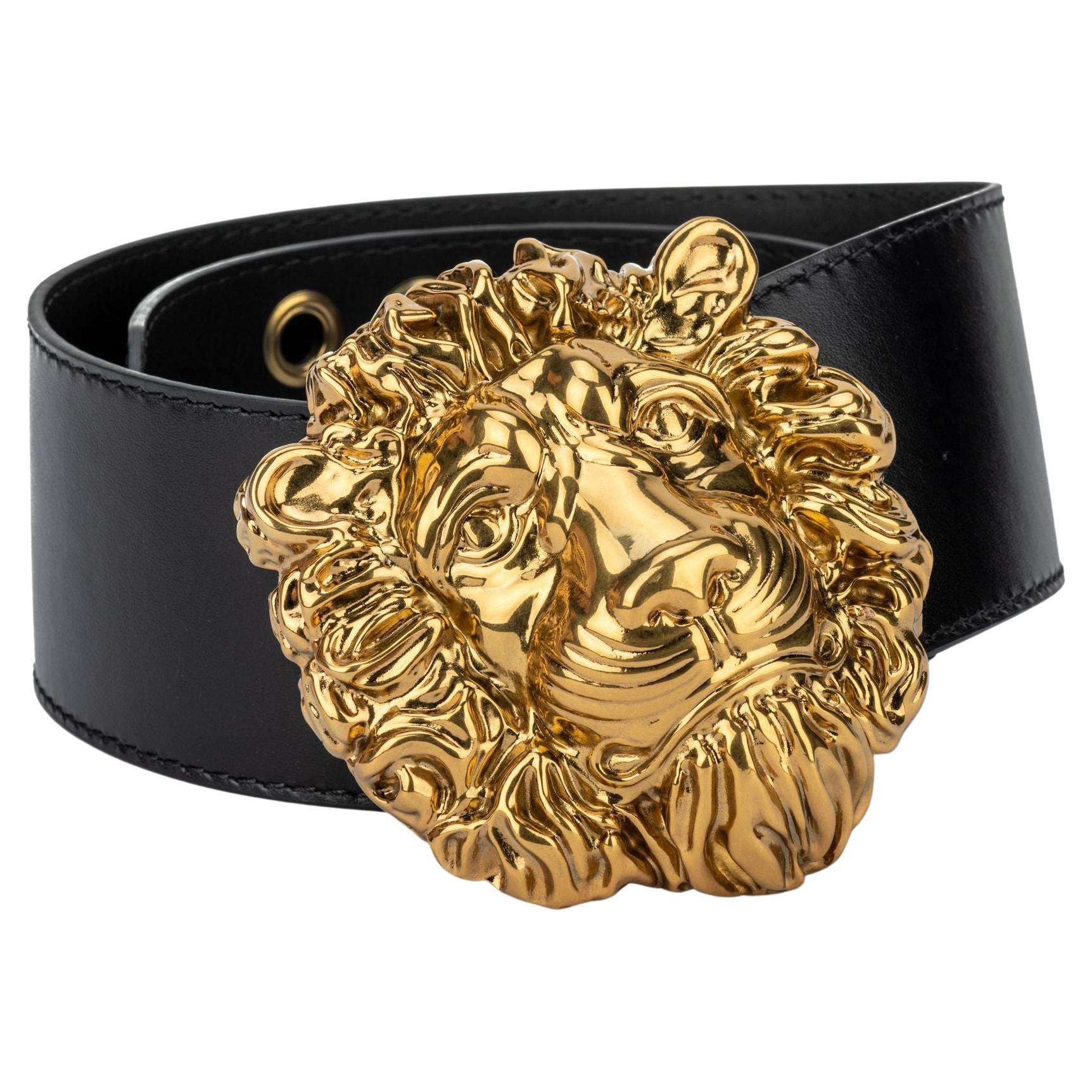 Gucci New Black Leather Lion Buckle Belt For Sale