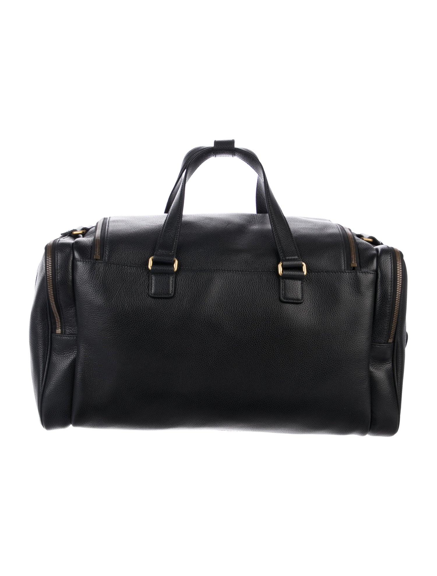 Women's Gucci NEW Black Leather Logo Gold Duffle Weekender Tote Top Handle Satchel Bag