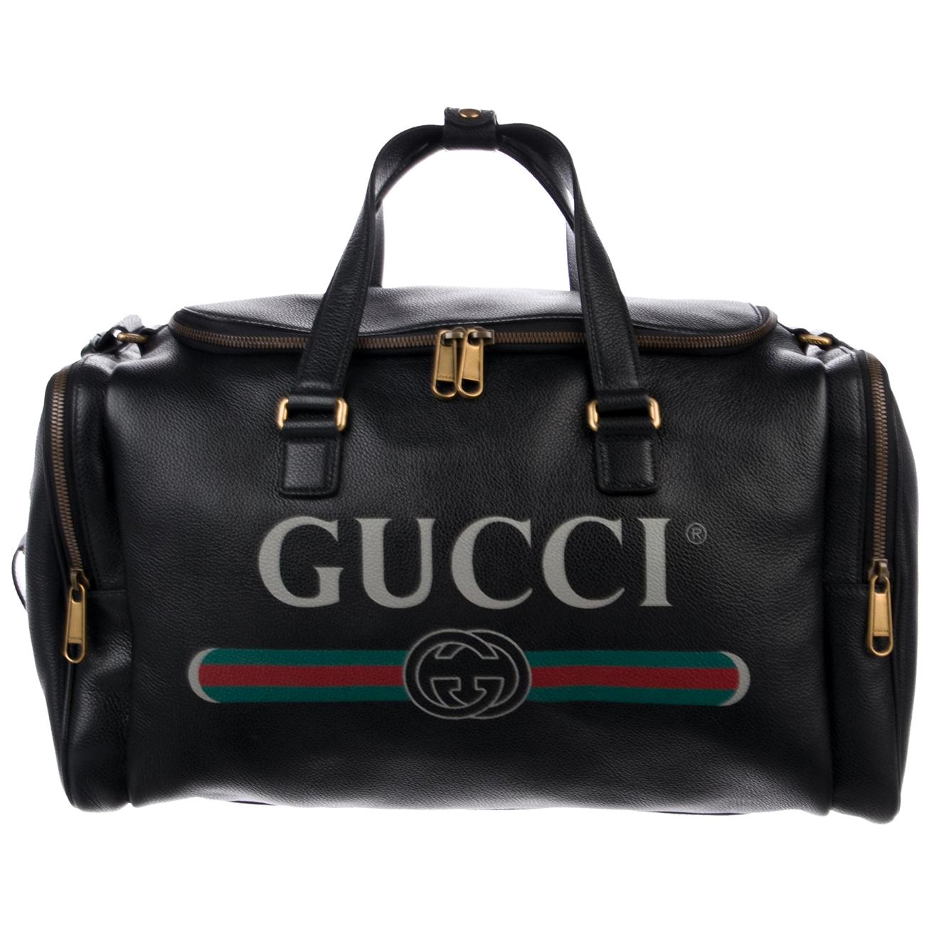 Gucci NEW Black Leather Logo Gold Duffle Weekender Tote Top Handle Satchel Bag