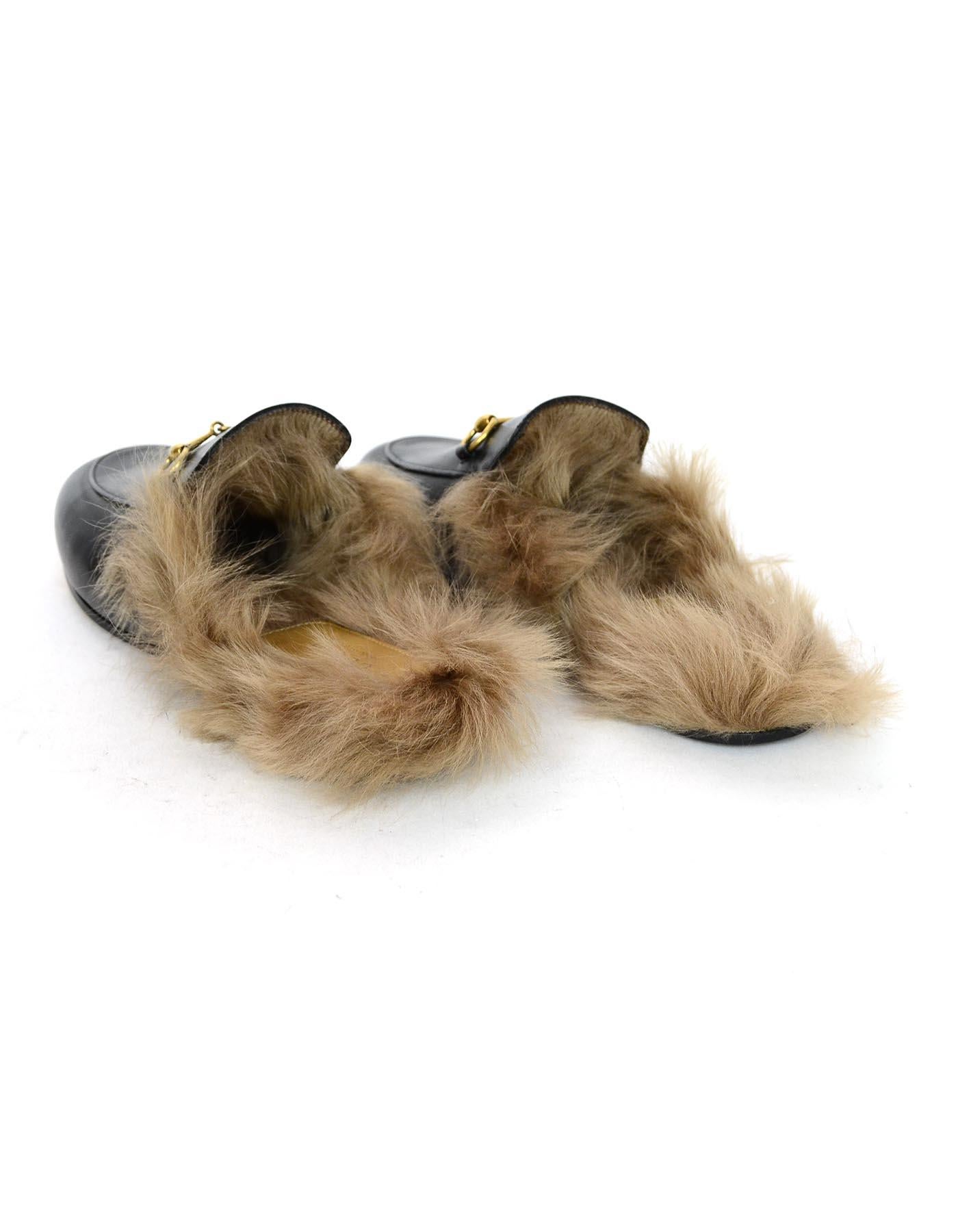 Gucci New Black Leather Princetown Slippers W/ Lamb Fur & Brass Horsebit Sz 39.5 In Excellent Condition In New York, NY