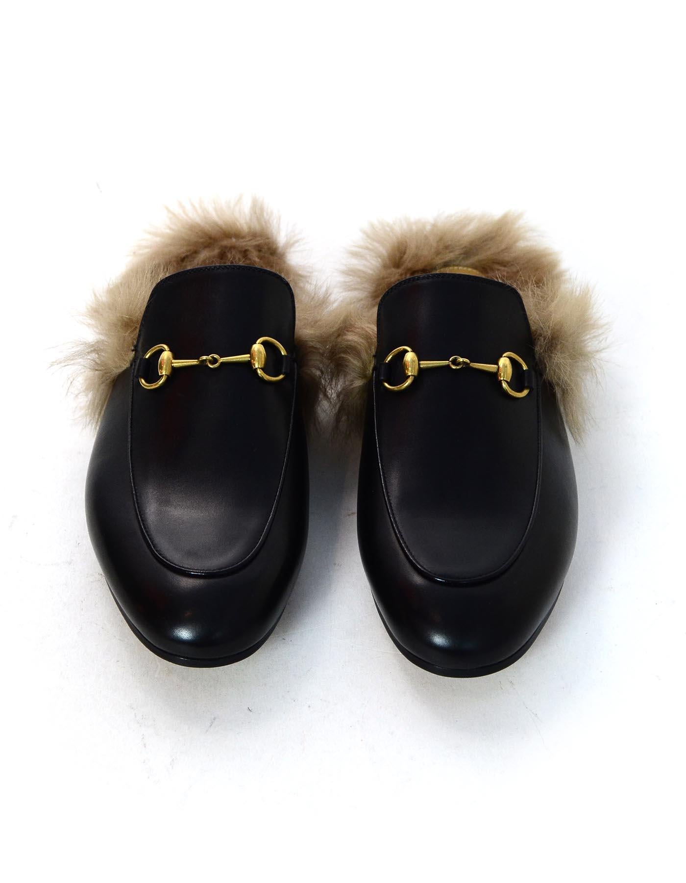 Women's Gucci New Black Leather Princetown Slippers W/ Lamb Fur & Brass Horsebit Sz 39.5