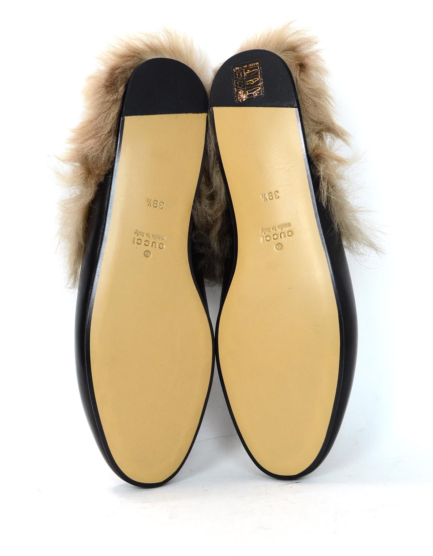 Gucci New Black Leather Princetown Slippers W/ Lamb Fur & Brass Horsebit Sz 39.5 1