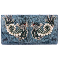 Gucci NEW Blue Snakeskin Crystal Pearl 2 in 1 Shoulder Clutch Flap Bag in Box