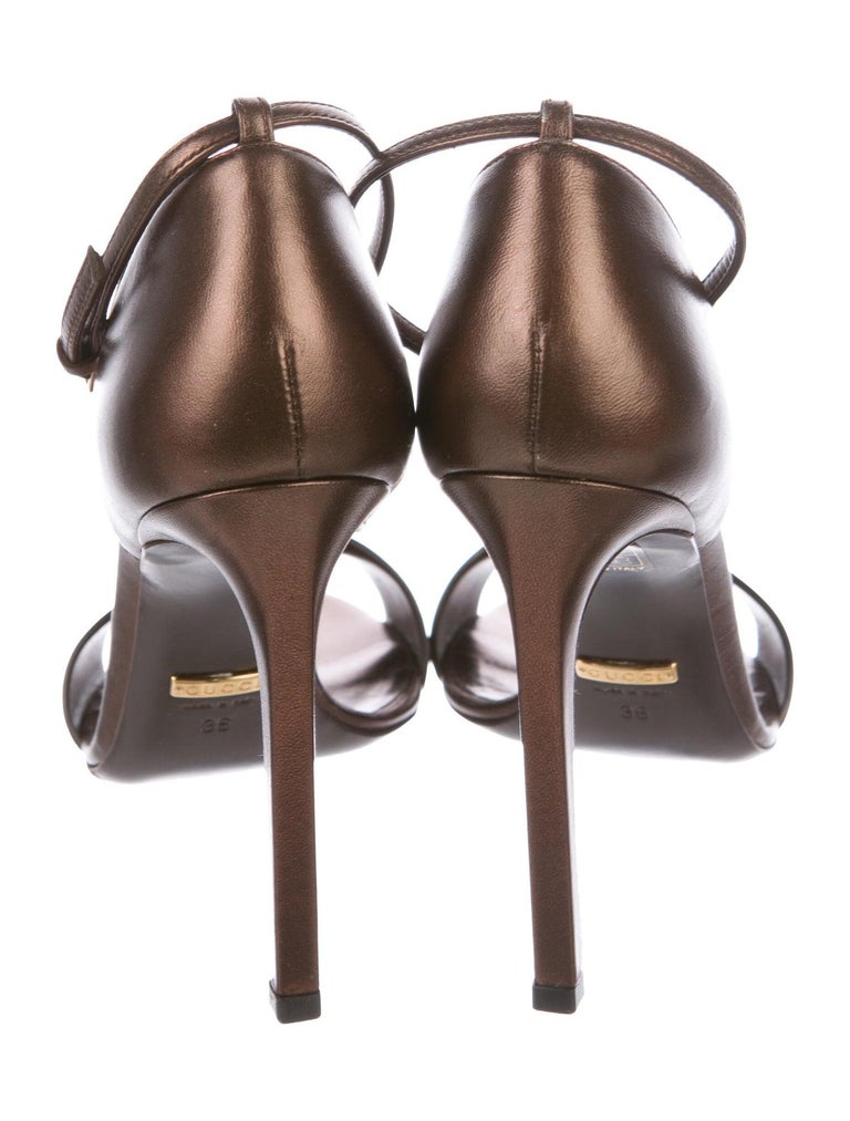 Gucci NEW Bronze Metallic Striped Leather Evening Sandals Heels Pumps