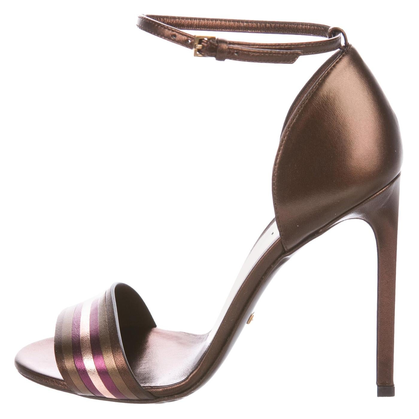 Gucci NEW Bronze Metallic Striped Leather Evening Sandals Heels Pumps