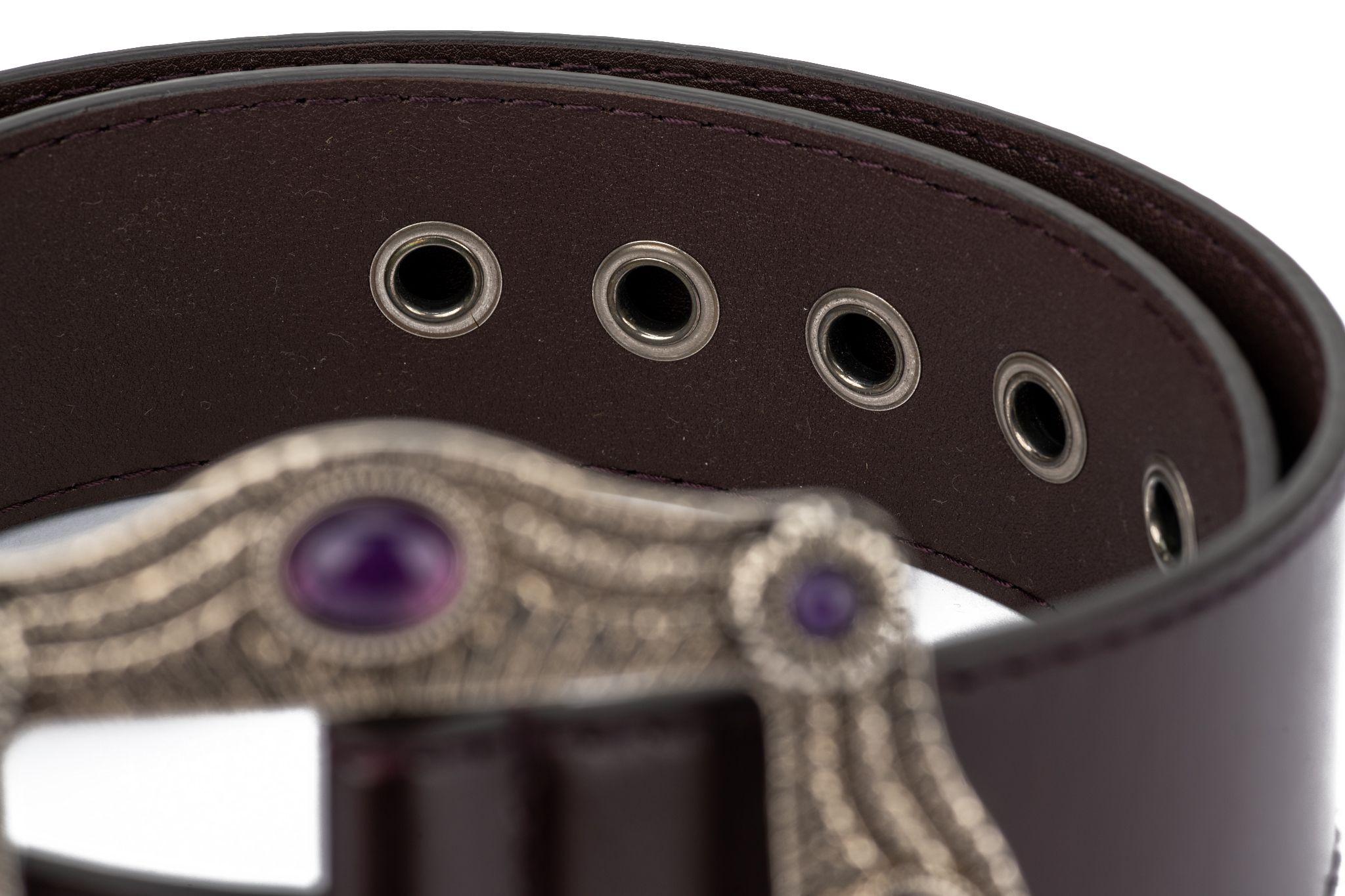 Gucci brand new dark brown belt with gunmetal and amethyst jewel buckle belt. Comes with original dust cover.