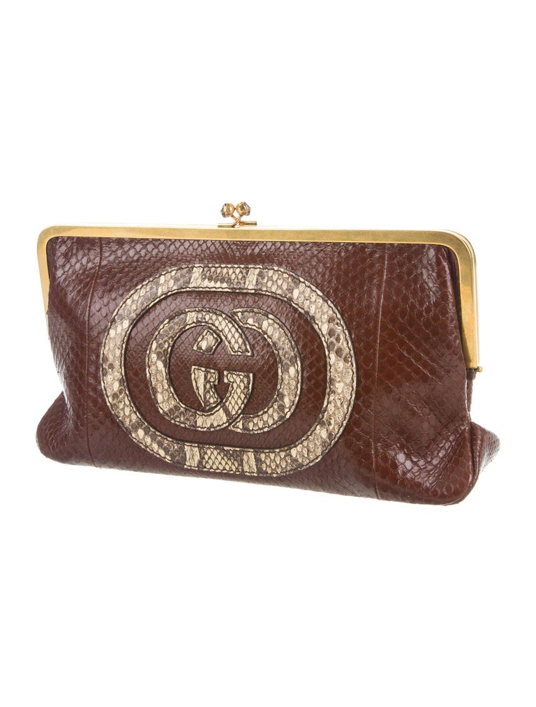 Gucci NEW Brown Nude Snakeskin GG Logo Gold KissLock Evening Clutch Bag For Sale at 1stdibs